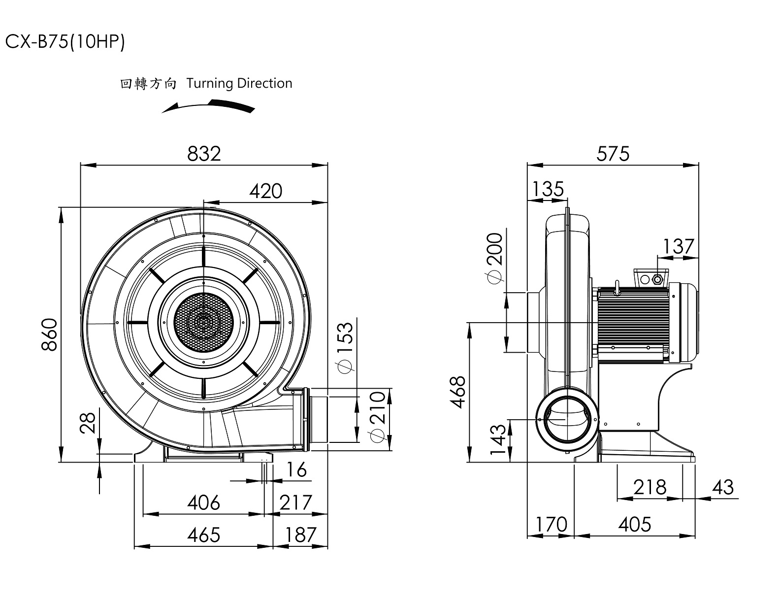Turbo Centrifugal Blower CX-B75 10HP 3Φ