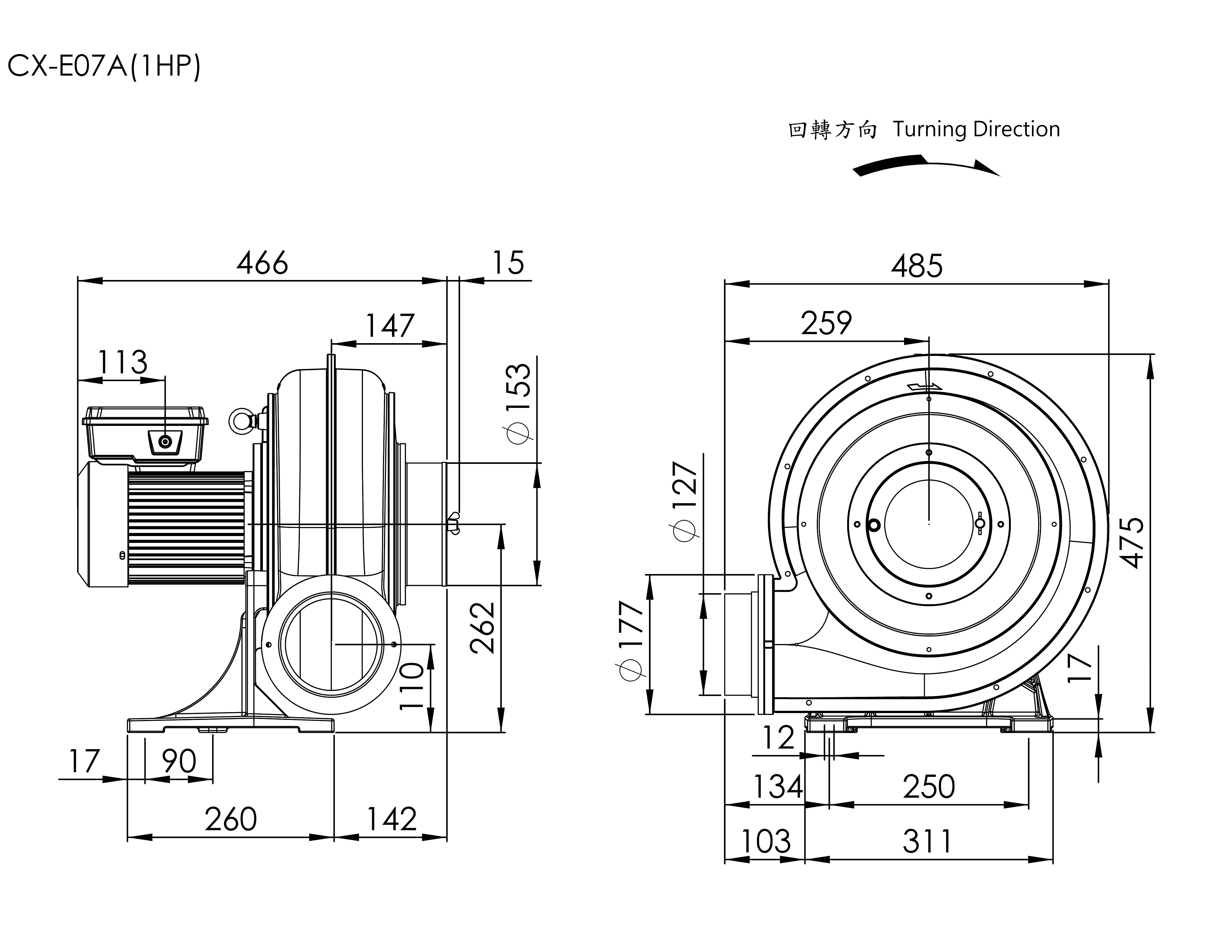 Strong Wind Turbo Centrifugal Blower CX-E07A 1HP 1Φ