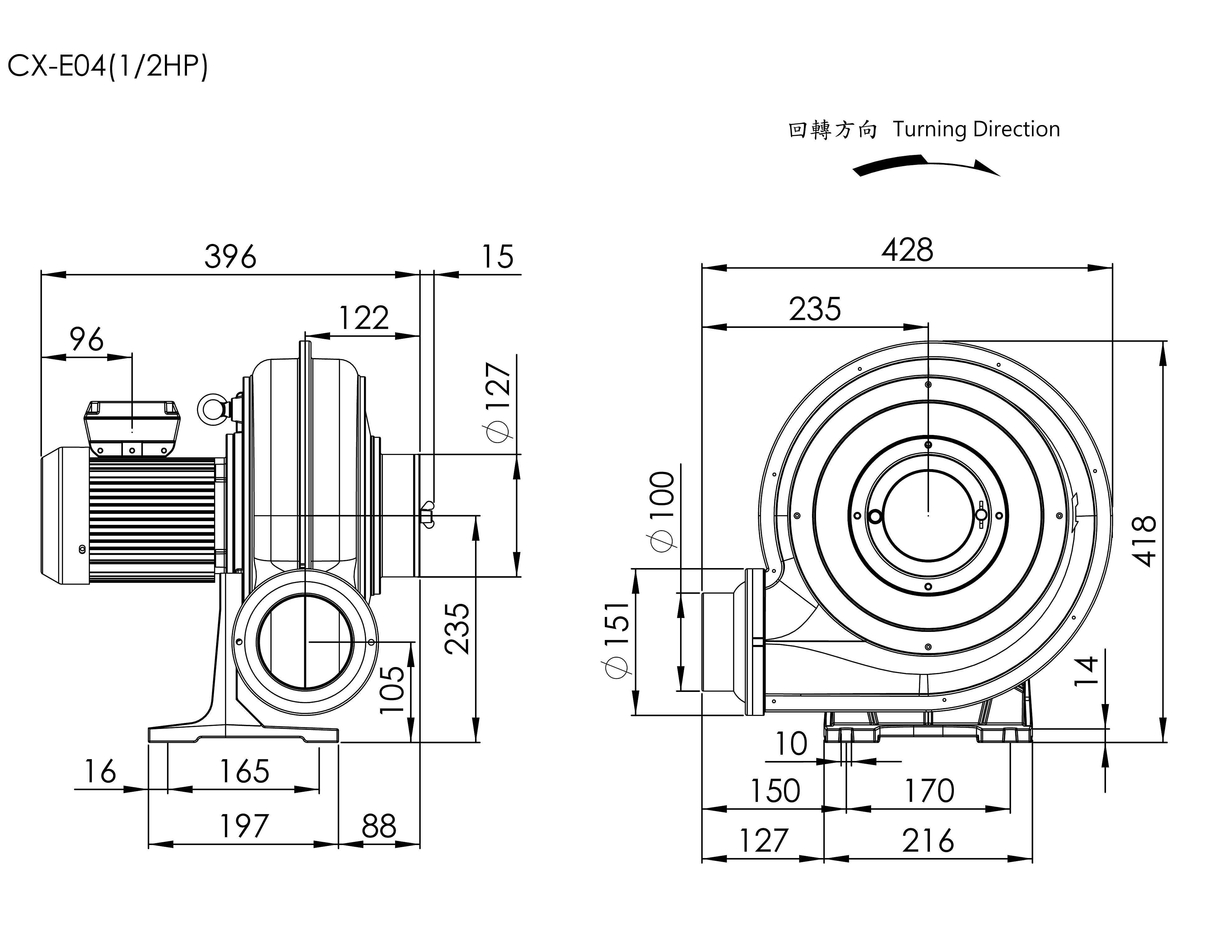 Strong Wind Turbo Centrifugal Blower CX-E04 1/2HP 3Φ