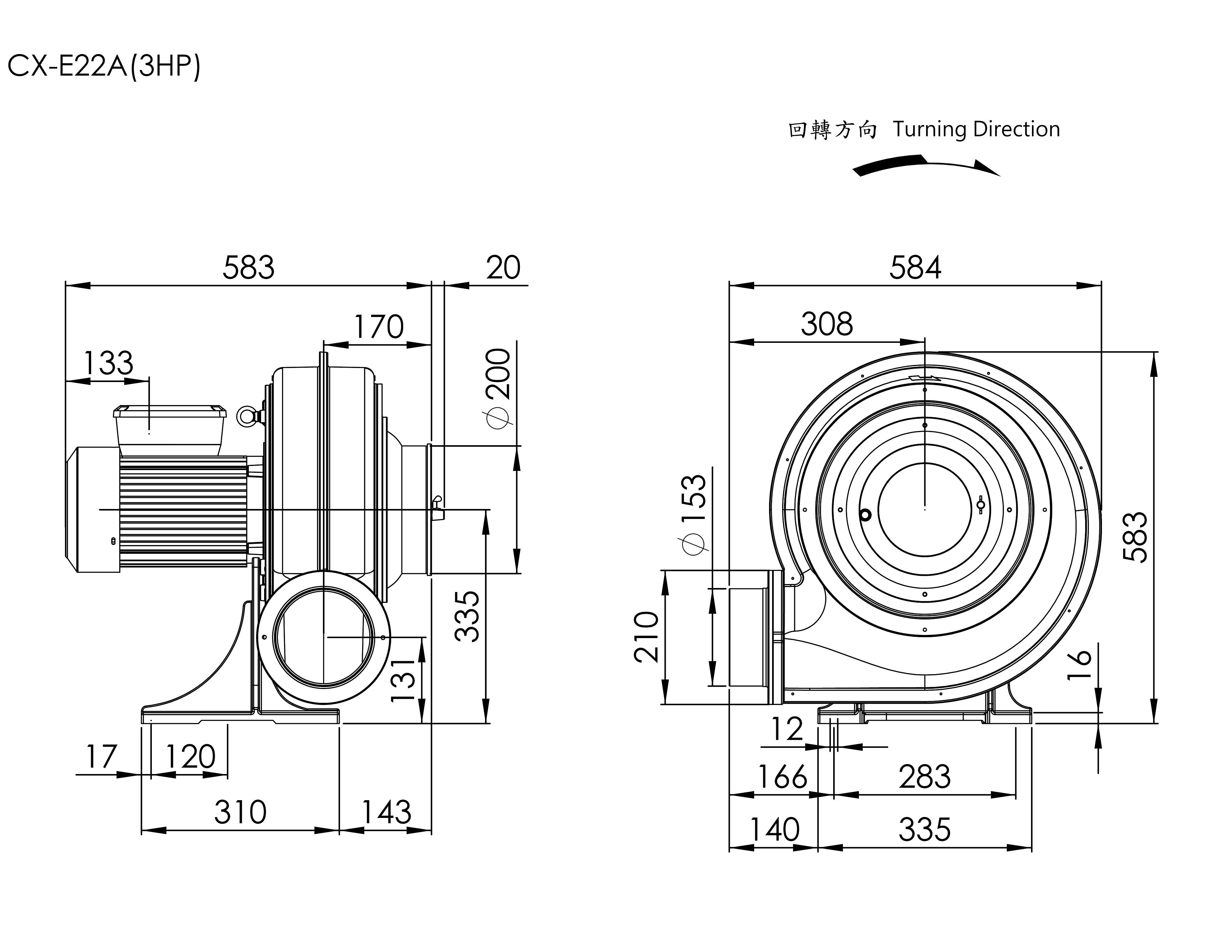 Strong Wind Turbo Centrifugal Blower CX-E22A 3HP 1Φ