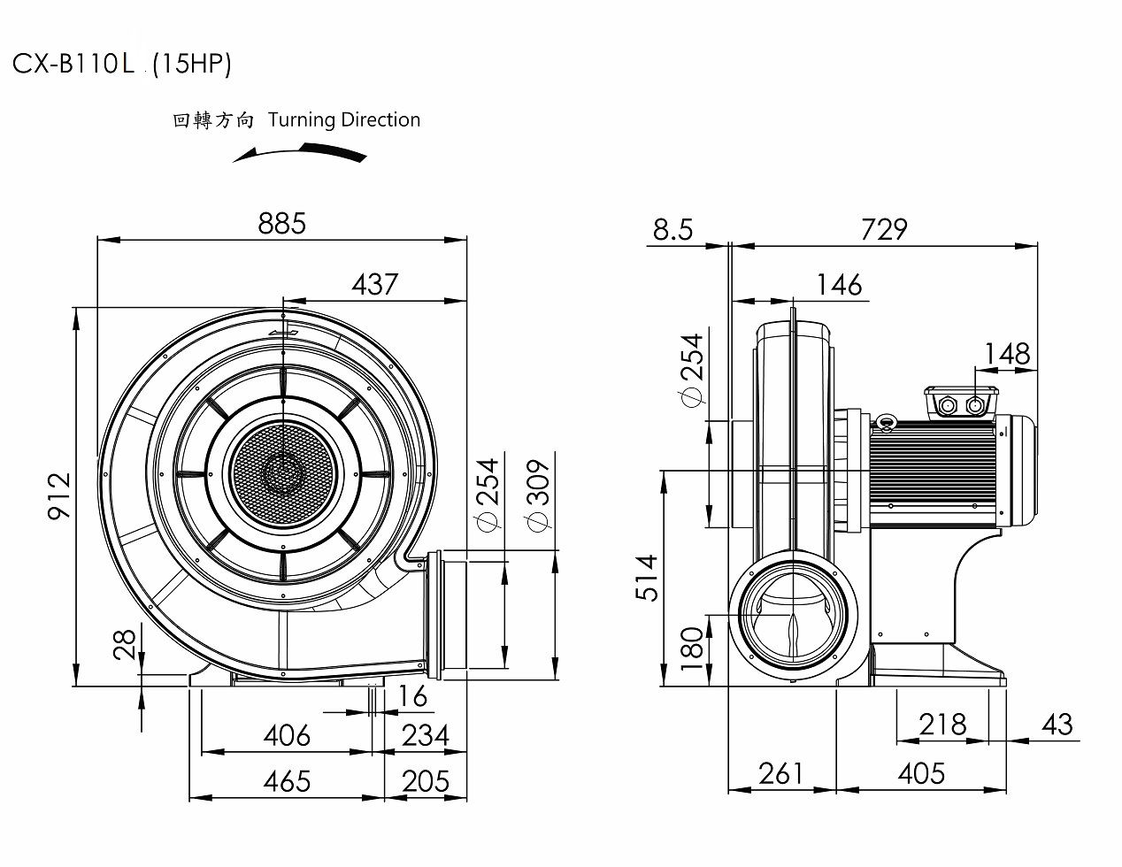 Heat-resistant Turbo Centrifugal Blower   CX-B110L    15HP   3Φ